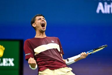 Australian Alexei Popyrin celebrates a service break in his upset win over defending champion Novak Djokovic at the US Open