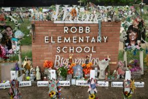 Crosses honor those who lost their lives during the Robb Elementary School shooting in Uvalde, Texas in 2022