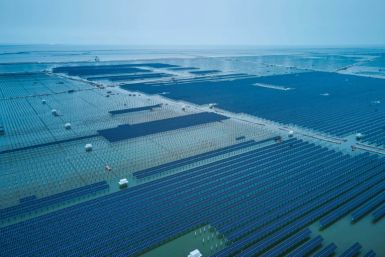 A general view of solar panels under construction over the sea in Binzhou, in eastern China's Shandong province