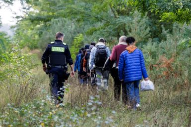 German Federal Police escort a group of migrants near Forst, eastern Germany on October 11, 2023, near the border with Poland