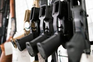 Guns are displayed at Shore Shot Pistol Range gun shop in Lakewood Township, New Jersey