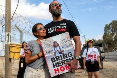 Jonathan Polin and Rachel Goldberg, parents of Hersh Goldberg-Polin, during a demonstration near Kibbutz Nirim in southern Israel on August 29, 2024