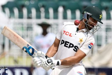 Pakistan's Agha Salman avoids a delivery during the  second Test against Bangladesh