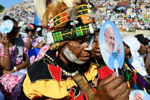Pope Francis is leading holy mass at the Sir Guise Stadium during his four day visit to Papua New Guinea from September 6-9