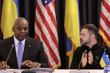 US Secretary of Defence Lloyd Austin (L) and Ukraine's President Volodymyr Zelensky attend a meeting of Kyiv's supporters on September 6, 2024 at the US air base in Ramstein, Germany