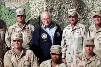 US Vice-President Cheney poses with US soldiers at Taji Air Base in Iraq