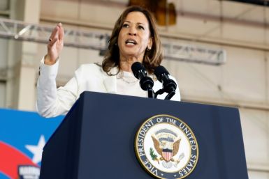 US Vice President and Democratic presidential candidate Kamala Harris speaks during a campaign rally in Romulus, Michigan, August 7, 2024