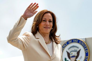 US Vice President and Democratic Presidential candidate Kamala Harris waves as she boards Air Force Two at Indianapolis International Airport in Indianapolis, Indiana, on July 24, 2024.  Harris travels to Houston, Texas, where she is scheduled to speak at