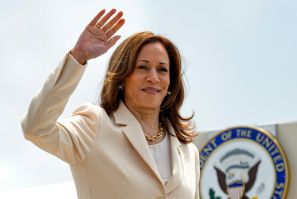 US Vice President and Democratic Presidential candidate Kamala Harris waves as she boards Air Force Two at Indianapolis International Airport in Indianapolis, Indiana, on July 24, 2024.  Harris travels to Houston, Texas, where she is scheduled to speak at